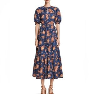 INA Boho Tiered Midi Dress M Waist Ties Lightweight Flowers Paisley Feminine